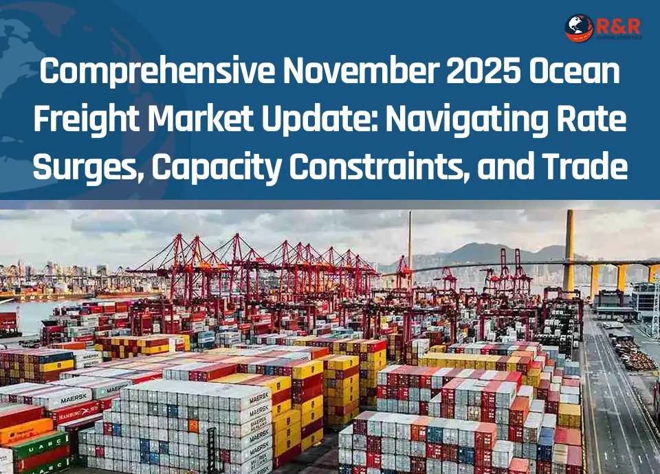 A large container ship at a hectic port terminal, representing global shipping operations and challenges facing the ocean freight market in November 2025.
