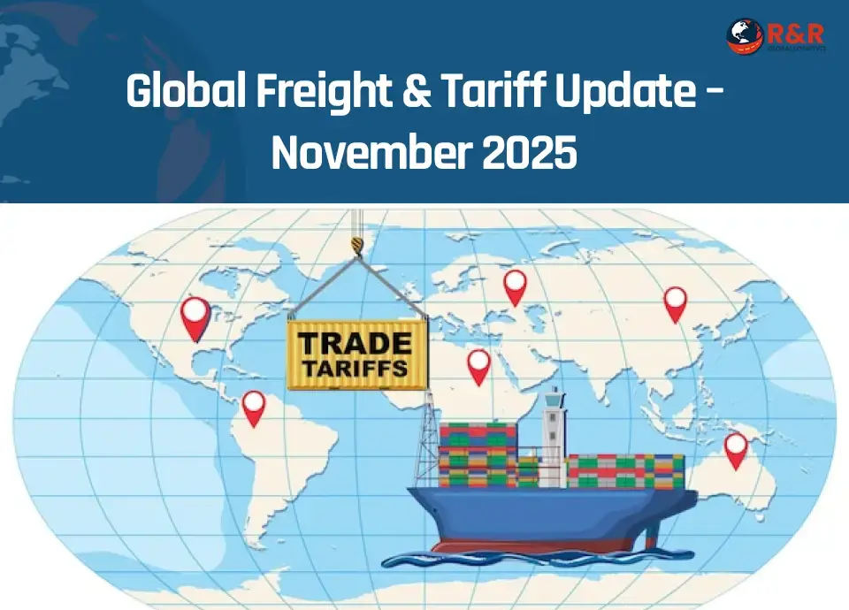 Global container ship and world map illustrating November 2025 tariff and freight market changes.